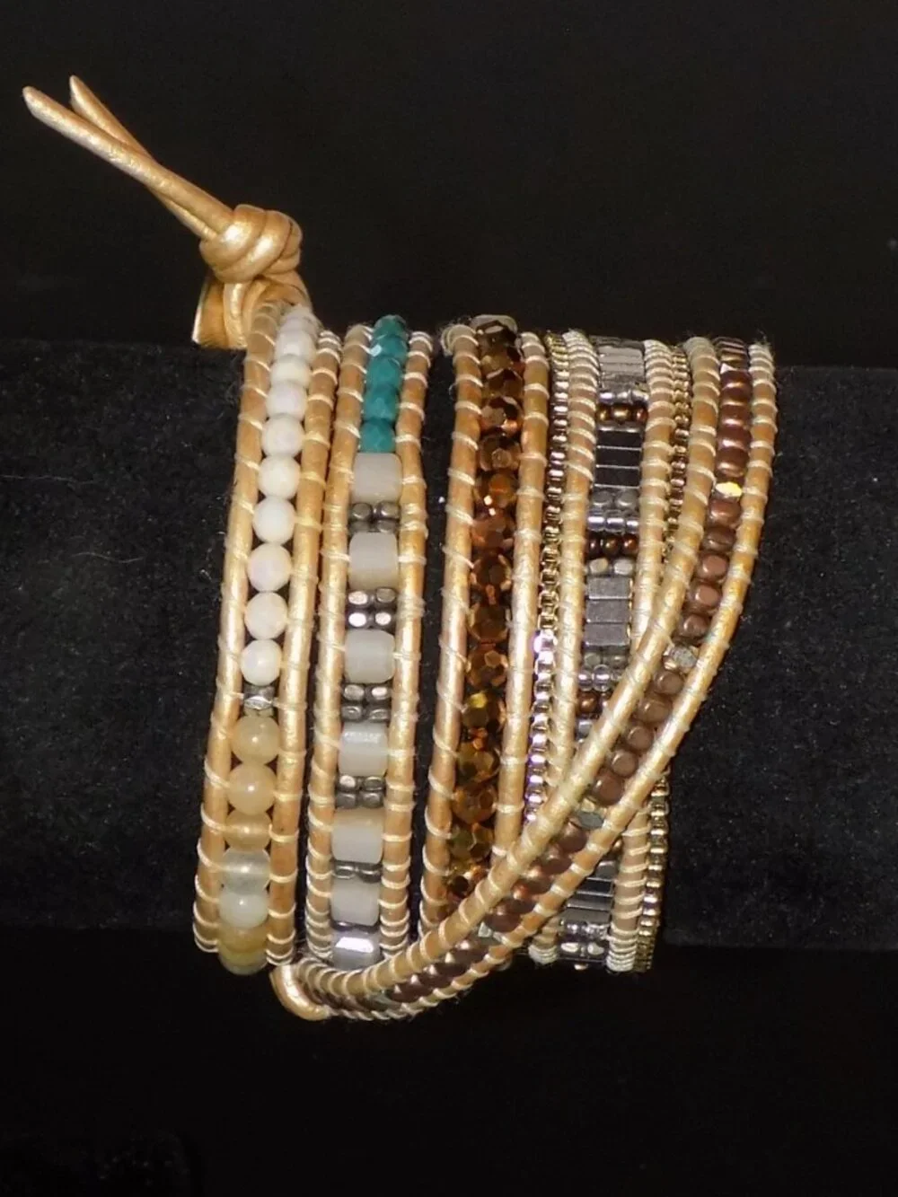 Nakamol Long Beaded Boho Wrap Bracelet.  Lame Cord, Crystal, Metal, Earthtones